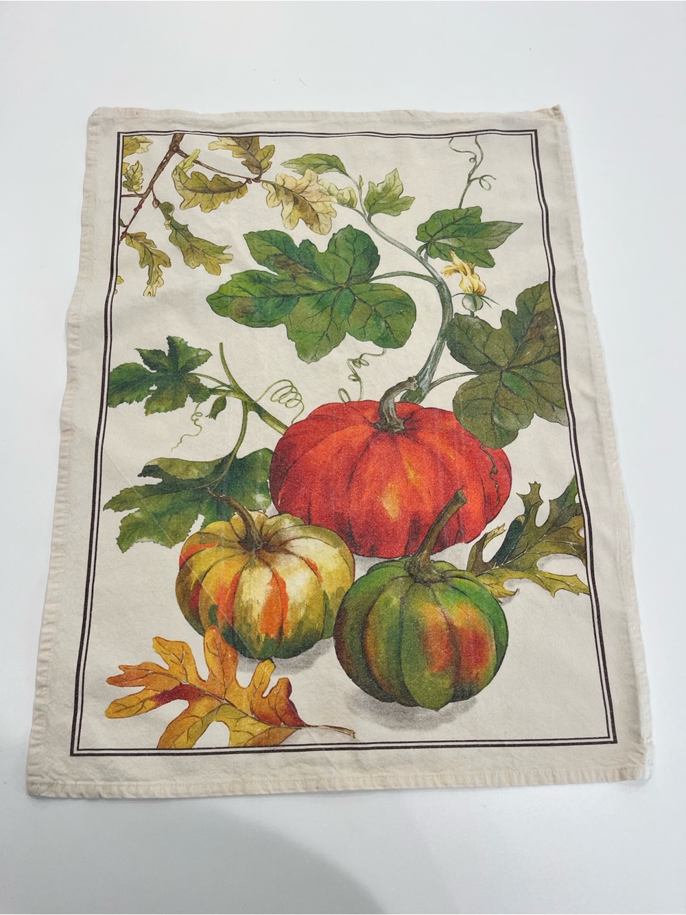 WILLIAMS SONOMA Autumn Pumpkin Cotton Tea Towel - Cream & Green